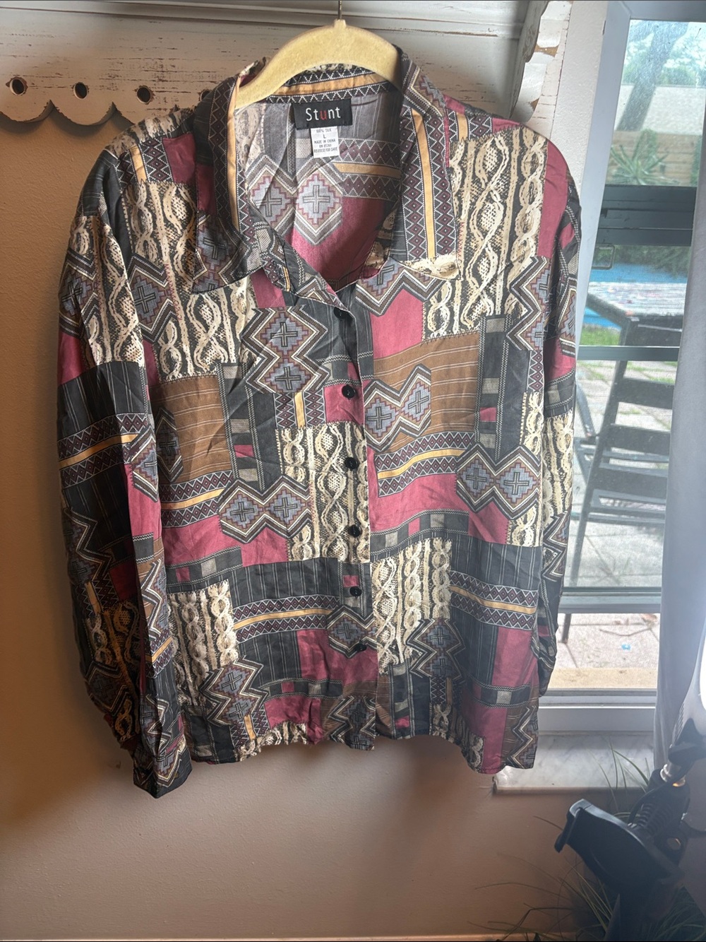 Vintage Stunt silk Men's Button-Up Shirt in Multicolor Aztec Print